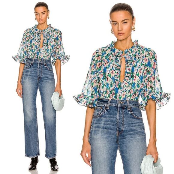 GANNI Pleated Georgette Ruffle Keyhole Spit Neckline 3/4 Sleeve Blouse Top 42/10 - Picture 1 of 14